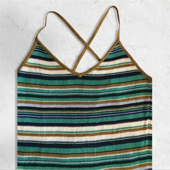 H&M Ribbed Cross Cross V-Neck Tank Top Gold Green Navy White Women's Size Large - Picture 3 of 4